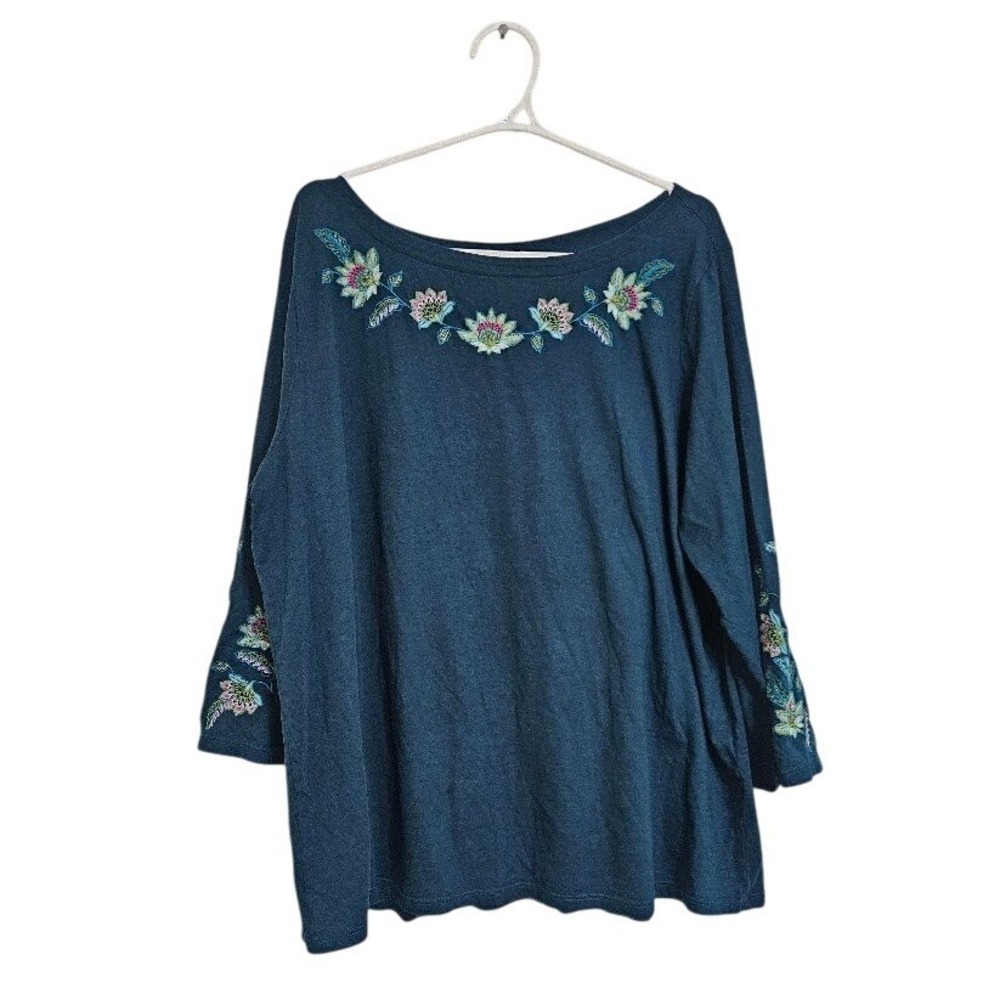J. Jill Women XL Teal Blue Floral Embroidered Boat Neck Blouse Top Shirt Boho